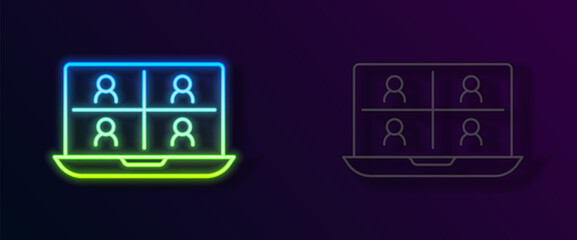 Glowing neon line Video chat conference icon isolated on black background. Online meeting work form home. Remote project management. Vector