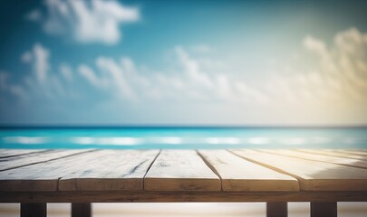 Obraz na płótnie Canvas a wooden table sitting on top of a beach next to the ocean. generative ai