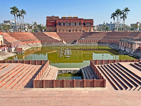 Hussianabad Pond situated next to chota Imambara with stone steps and picture gallery in the far end in Kucjnow city in Uttar Pradesh in India 