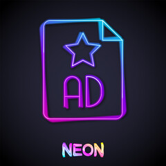 Glowing neon line Advertising icon isolated on black background. Concept of marketing and promotion process. Responsive ads. Social media advertising. Vector