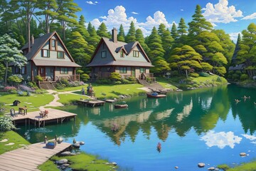 Obraz premium Anime-style house in nature landscape [AI Generated]