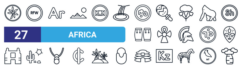 set of 27 thin line africa icons such as french west african franc, rwandan franc, malagasy ariary, maraca, ankh, desert, cradle of humankind, baobab vector icons for mobile app, web design. - obrazy, fototapety, plakaty