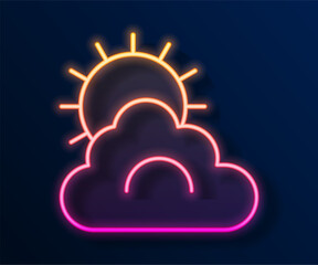 Glowing neon line Sun and cloud weather icon isolated on black background. Vector