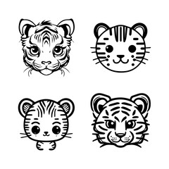 A set of Hand drawn, cute kawaii tiger head logos, featuring various expressions and poses in charming anime style illustrations
