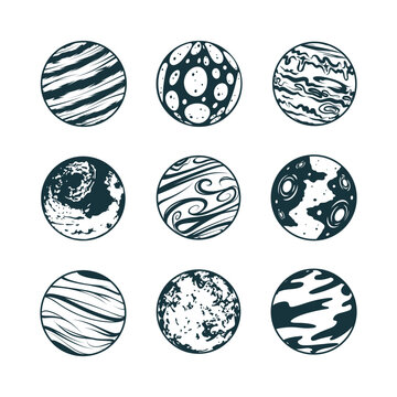 Galaxy planets celestial collection. Nine hand drawn space design elements isolated on white background for print, poster, tattoo and greeting card.