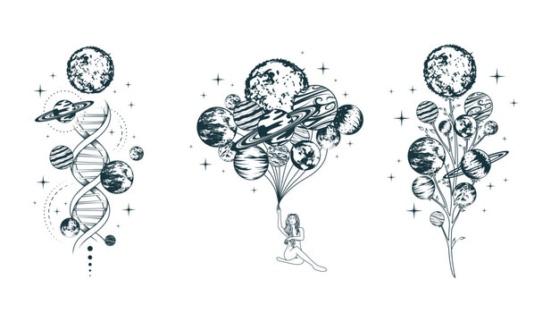 Celestial compositions with a girl holding a bunch of balloons-planets, dna surrounded by space bodies and mystical twig. Hand drawn vector illustrations for print, poster, tattoo and greeting card.