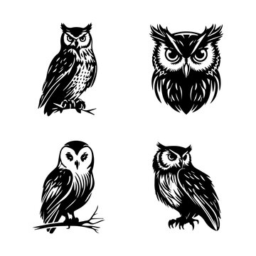 A collection set of Hand drawn owl logo silhouettes, perfect for nature or wildlife-themed designs. Each illustration is unique and intricate