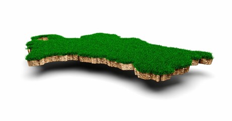 3D-rendered Turkmenistan-shaped map geology cross section with green grass on a white background