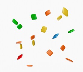 3D render of colorful green, blue, yellow and red candies floating on an isolated white background