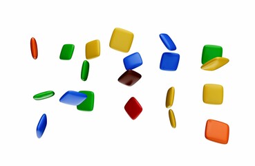 3D render of colorful green, blue, yellow and red candies floating on an isolated white background