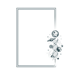 Celestial rectangular frame with planets, stars and dna. Mystical border for witchcraft, greeting cards and invitations. Hand drawn vector illustration in boho style.