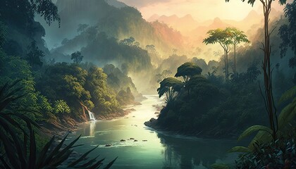Tropical Sunrise over the Amazonas Rainforest: A Majestic Jungle River with Steam Rising in the Mountains of South America: Generative AI