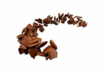 3D of brown chocolate-coated candies in square shapes flowing on a white background