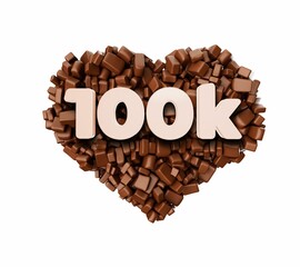 Closeup of 100k Likes 3d Text on Chocolate Chunks Pieces