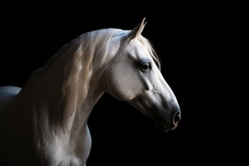 Fototapeta na wymiar Portrait of a white andalusian horse moving over a black background. Generative AI