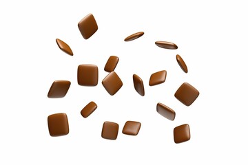 Chocolate-coated candies in flat square shapes floating in on an isolated white background in 3D