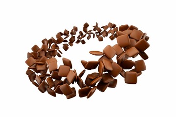 Chocolate-coated candies in flat square shapes floating in on an isolated white background in 3D