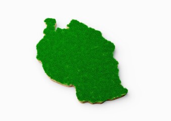 3D rendered map of Tanzania in the form of a cutout of earth covered by bright green grass