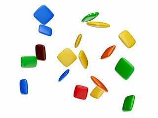 3d illustration of coated colorful square chocolate candies flying on a white background