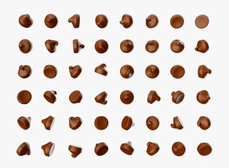 3d illustration of tasty chocolate chips from different angles on a white background