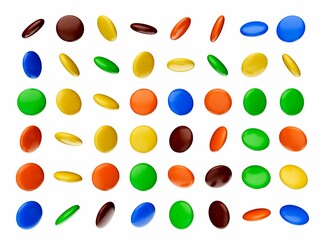 3D render of a bunch of colorful chocolate drops organized on a white background