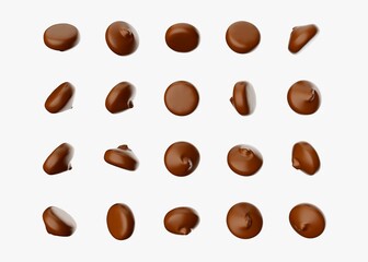 3D render of a bunch of chocolate drops organized on a white background