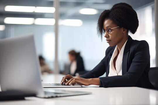 A black business woman sits at a desk in an office, typing on a laptop. Generative AI