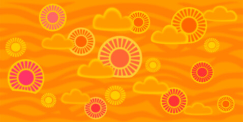 on an orange-orange background, decorative images of the sun and summer small clouds