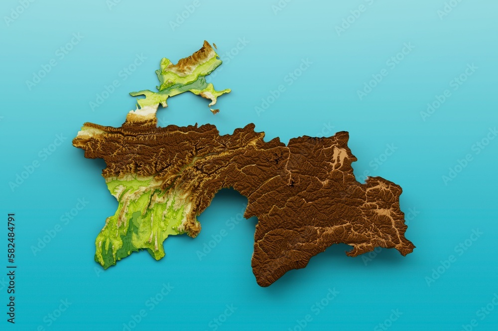 Poster 3D rendering of green Tajikistan relief map isolated on a blue background