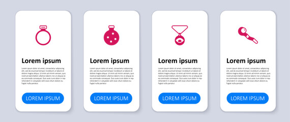 Set Magic staff, Medallion on chain with eye, Bottle potion and stone ring. Business infographic template. Vector