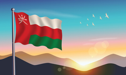 Oman flag with mountains and morning sun in background