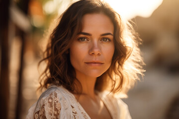 Fototapeta premium a gorgeous hispanic woman wearing a white silk dress, shy half smile golden hour, beach scenery, generative ai