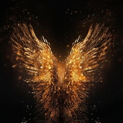 Angel wings on black blurred background golden particles Generative AI