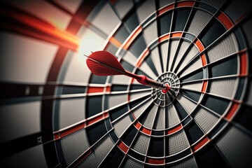 Dart board and arrow in middle. Business and success concept. Achievement and target theme. Orange sun light effect. High contrast tone. Generative AI