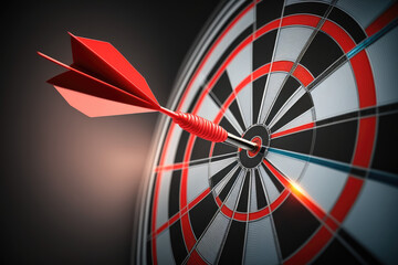 Dart board and arrow in middle. Business and success concept. Achievement and target theme. Orange sun light effect. High contrast tone. Generative AI