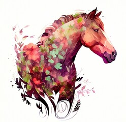 Horse portrait in flowers hand drawn watercolor illustration Animals