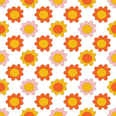 70s Retro flowers pattern. Seamless retro flowers background . Groovy naive flowers pattern pinkn yellow, red chamomile daisy