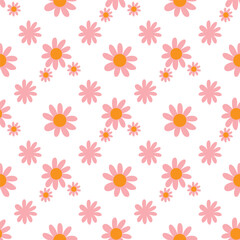 70s Retro flowers pattern. Seamless retro flowers background . Groovy naive flowers pattern pinkn yellow, red chamomile daisy