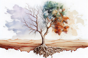 Climate change withered tree and dry earth, watercolor oil painting effect. Generative Ai