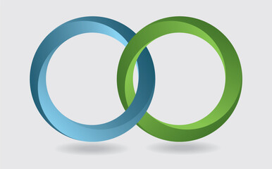 Blue and green intertwined rings in 3D design. Isolated and easy to pick. Vector illustration.