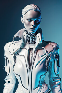 Illustration of a humanoid female android with robotic metallic nerves and bones. Artificial intelligence concept	