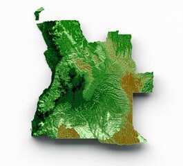 3D rendering of Angola relief map isolated on a white background