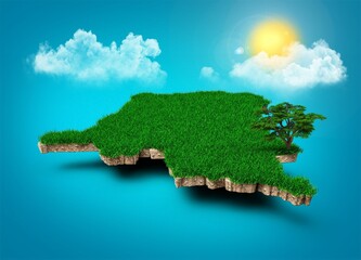 3D rendering of Congo map with green grass isolated on a background of blue sky on a sunny day