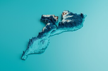 Obraz premium 3D rendering of Mozambique snowy relief map isolated on a blue background