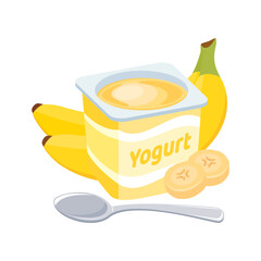 Banana yogurt plastic cup icon vector. Fruit yogurt with a spoon graphic design element isolated on a white background. Delicious yellow banana yoghurt vector illustration