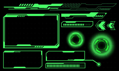 Set of HUD circle flame modern user interface elements design technology cyber green on black futuristic vector - obrazy, fototapety, plakaty