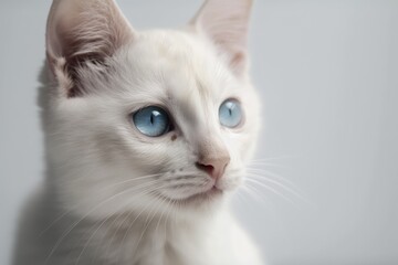 Fototapeta premium White kitten with blue eyes in a studio photograph on a white background. turning the head. Generative AI