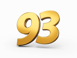 3D illustration of a yellow shiny 93 number on a white background