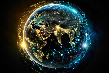 Space view of internet, global business, cyberspace connection lines. Telecommunications technology with connections around the Earth. Business innovation AI generated illustration.