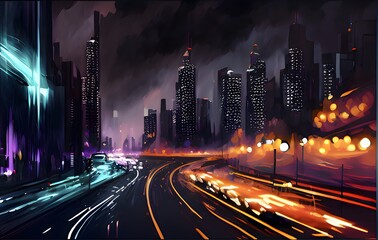 Fototapeta na wymiar Abstract digital painting of urban skyscrapers at night 
